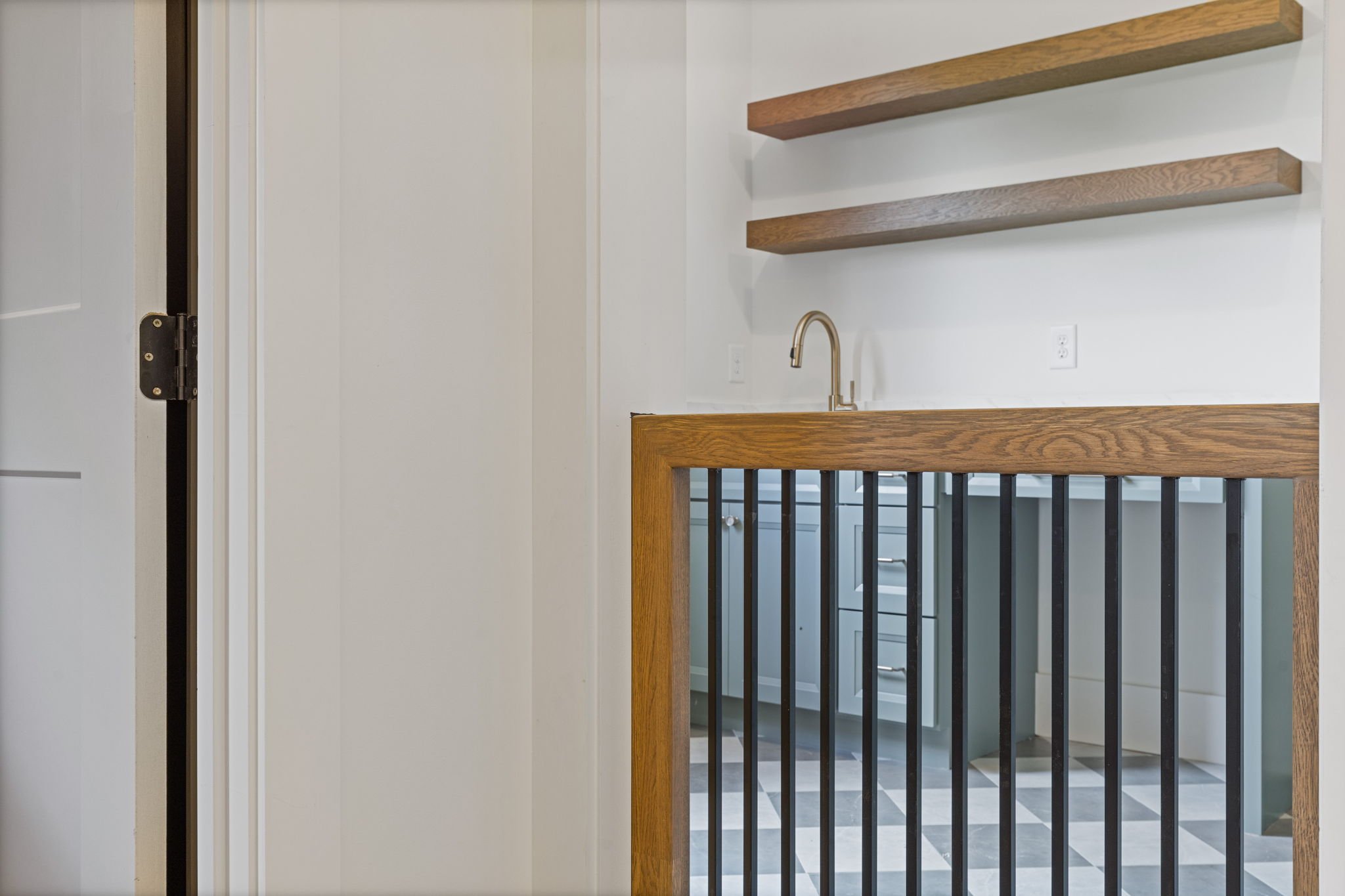 Custom dog wash station with wood frame and shelving